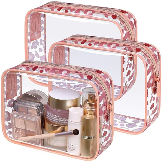 PACKISM TSA Approved Toiletry Bag - Rose Gold Leopard Print Clear Makeup Bag, Suitable for Gifts, with Supporting Frame, Perfect for Travel Essentials, Thick No Smell