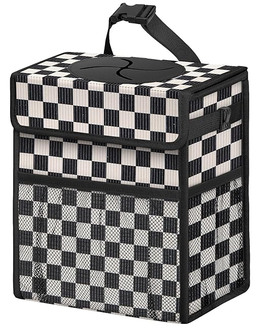 Corduroy Car Trash Can with Lid and Mesh Pockets - Leakproof Organizer,Multipurpose Waterproof Garbage Can/Trash Bin for Car(Black and White Check-3 Gallons)