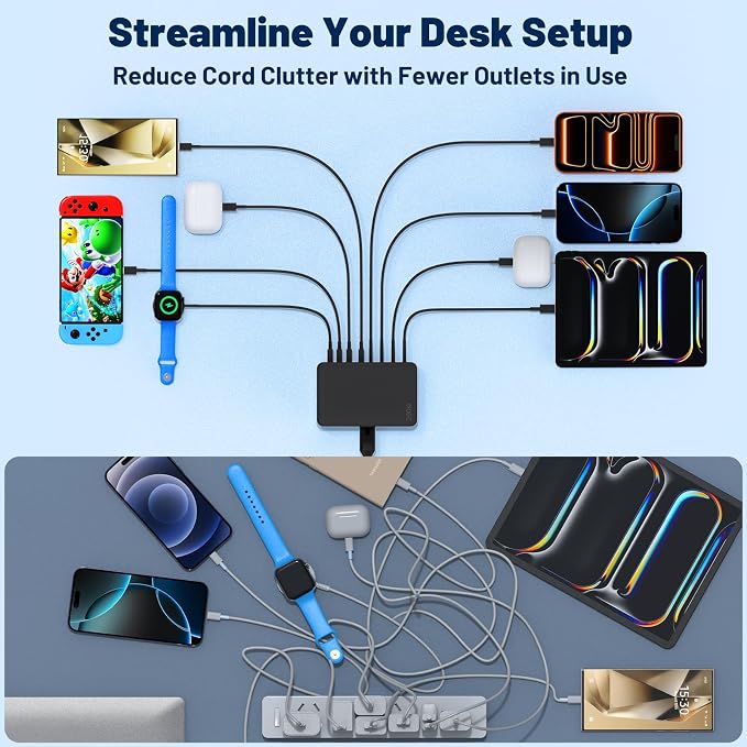 Essri 8-Port USB C Charging Station,65W GaN USB C Charger Block,PD 3.0 Desktop Charger, Power Strip Adapter Compatible with iPhone 17/16/15/14,MacBook Air/Pro,DELL, iPad Pro,Galaxy and More,Black