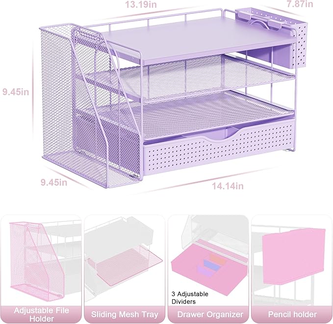 gianotter Wood Desk Organizers and Accessories with File Holder, 4-Tier Desk Accessories & Workspace Organizers with Drawer and Pen Holder, Paper Organizer for Office Supplies (Purple)