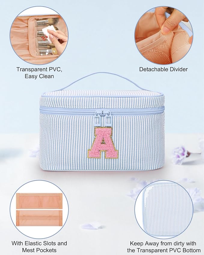 MONSTINA Travel Makeup Bag for Women,Make Up Pouch for Girlfriend Bridesmaid Wife,Birthday Gift for Her Cute Monogram Cute Initial Toiletry Bag Set,2PCS Blue H