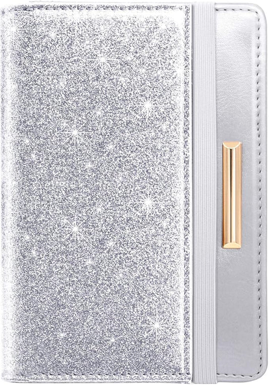 Passport Holder Cover Women's Travel Wallet RFID Blocking Cute Slim Passport Wallet with Elastic Band, Silver