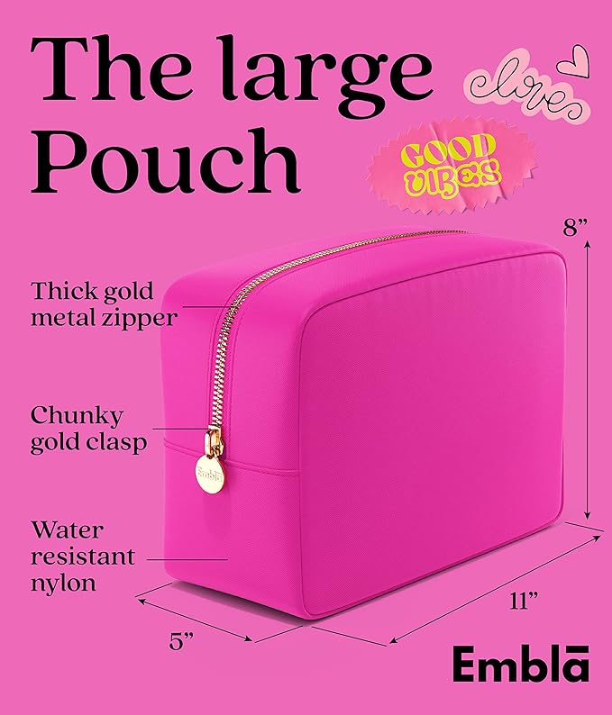 Embla Large Makeup Bag and Waterproof Nylon Travel Toiletry Bag, Large Capacity Cosmetic Zipper Pouch, Fuchsia Pink