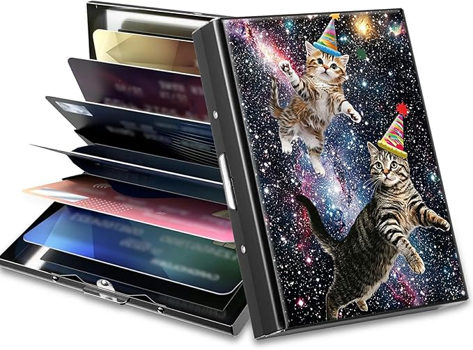 Slim Credit Card Holder, Cats Galaxy Nebula RFID Blocking Metal Wallet for Men & Women, Aluminum Minimalist Hard Case Pocket-Sized Business Cards Organizer (Fits Up to 10 Cards)