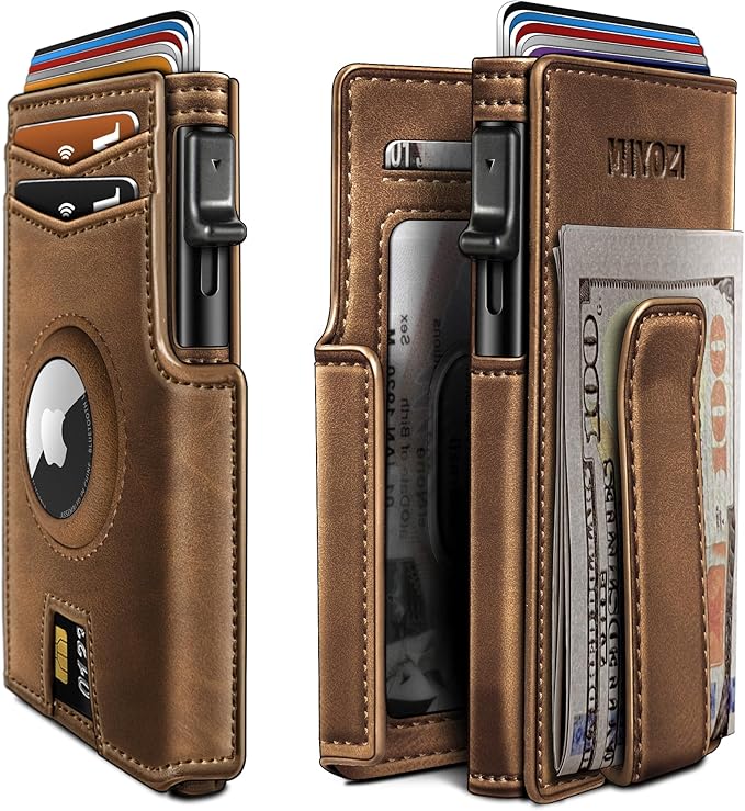 miyozi Airtag Wallet for Men,with Money Clip 10 Cards Metal Case Smart Slim Pop Up Credit Card Holder Flip with Magnetic Closure RFID Blocking wallet with Gift Box