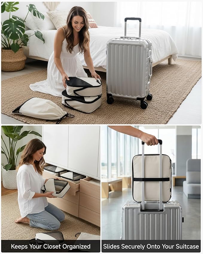 LUGGEX Compression Packing Cubes for Travel, 6 Set Lightweight Luggage Organizer Bags with Shoe Bag, Space Saving Suitcase Packing Cubes for Carry-On (POX01, Beige)