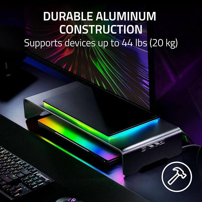 Razer Monitor Stand Chroma - Aluminium monitor stand with 4-way USB-C hub with Chroma RGB (50cm x 21cm x 7.85cm, robust construction, 20 kg load capacity, ergonomic height) Black
