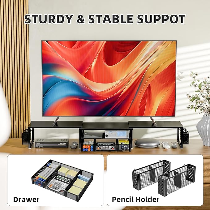 Simple Trending Desk Organizers and Accessories, Dual Monitor Stand Riser with Drawer and 2 Pen Holder, Shelf for Top of Desk, Black