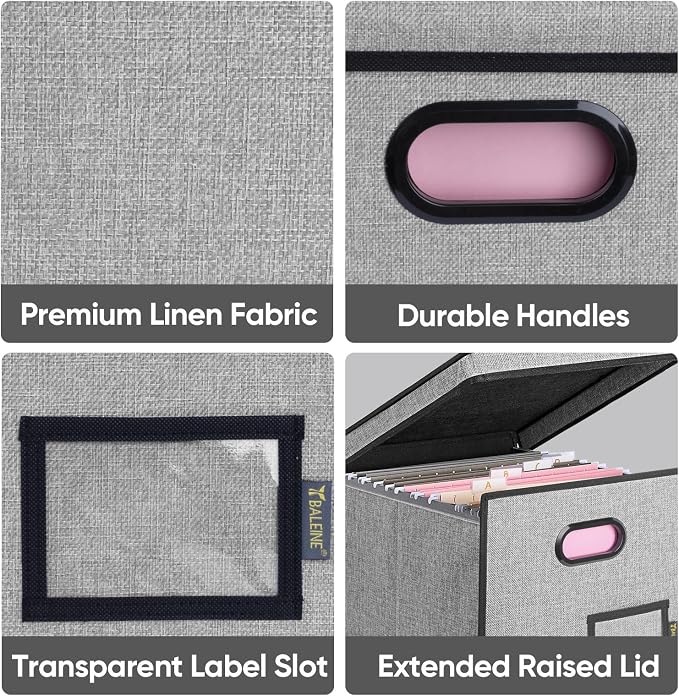 BALEINE File Organizer Box with Lid, Collapsible File Folder Organizer with Plastic Slide, Hanging File Folder Box for Office Document Storage (Tab Friendly, 1 Pack, Grey)