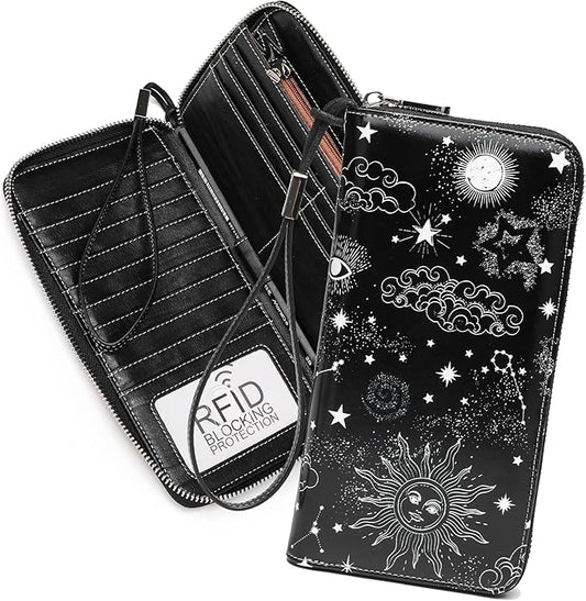 Rfid Blocking Wristlet Large Wallet for Women Credit Card Holder Bifold Designer Zipper Phone Long Wallet Purse Starry Sky