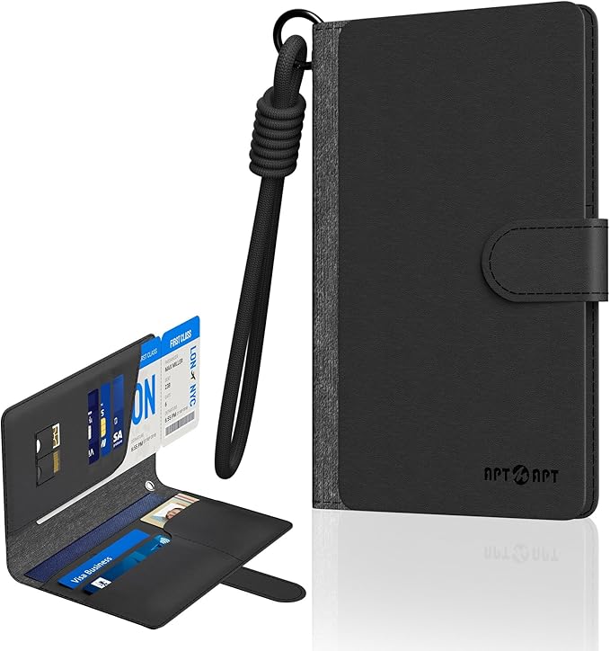 Smart Passport Holder Works with Apple Find My, Leather Travel Wallet with Wrist Strap & 2 SIM Card Slots, RFID Blocking Organizer for Passport/Cards/Tickets, Wireless Charging, Black