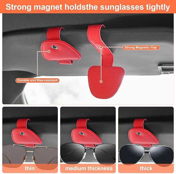 2 Packs Sunglasses Holders for Car Visor - Magnetic Leather Sunglasses Holder and Ticket Card Clip