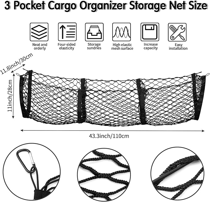 Tallew 2 Pcs Car Rear Cargo Net, Adjustable Elastic Mesh Cargo Net, 3 Pocket Heavy Duty Trunk Bed Storage Organizer, Universal for Car SUV Vehicle Pickup Truck with Accessories(35.4 x 15.7 inches)