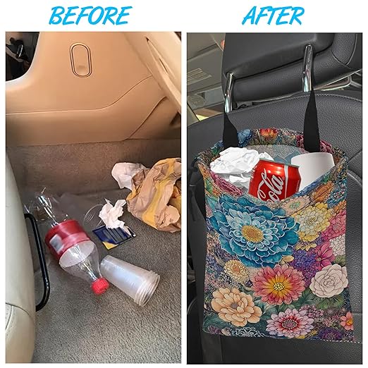 Car Trash Bag Hanging Blooming Flowers Car Trash Can Waterproof Garbage Bag Hanging for Car Back Seat