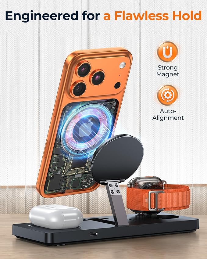 Foldable 3-in-1 Wireless Charging Station for Apple Magsafe Charger Stand, Travel-Friendly Fast Magnetic Wireless Charger Station for iPhone 17/16/15/14/13/12, Apple Watch & AirPods, Laptop Skins