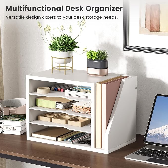 Creso hom Mail Sorter, File Organizer Desktop, Wood Desk Organizer with 3 Adjustable Shelves, Mail Holder for Office, Home, Letter Sorter File Holders for Envelopes, Mail Supplies Magazines, White