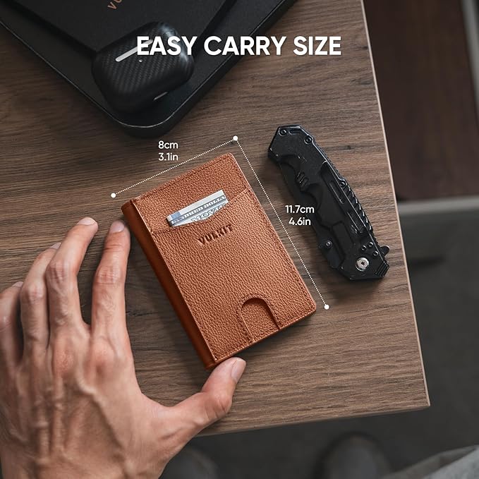 VULKIT Bifold Front Pocket Slim Wallet RFID Blocking Minimalist Thin Genuine Leather Credit Card Holder Wallet for Men and Women Litchi Brown