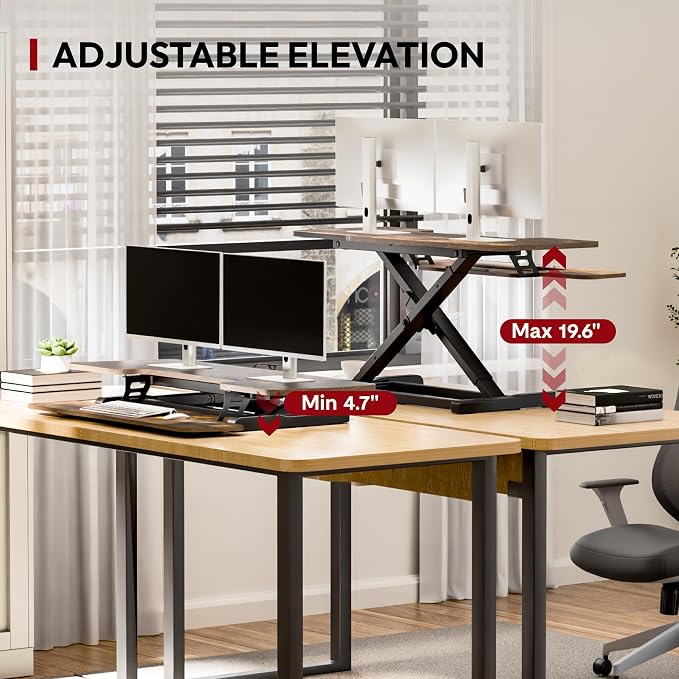 SANODESK 42" Extra Large Standing Desk Converter, Effortless Lift Sit-Stand Riser, Heavy Duty Multi-Device Workstation, Spacious Ergonomic Desktop Riser, Rustic Brown