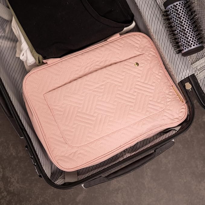 Travel Toiletry Bag for Women with Hanging Hook, Makeup Organizer Case, Water-Resistant Cosmetic Bag For Full-size Containers, Toiletries, Pink Large+, Not Made In China