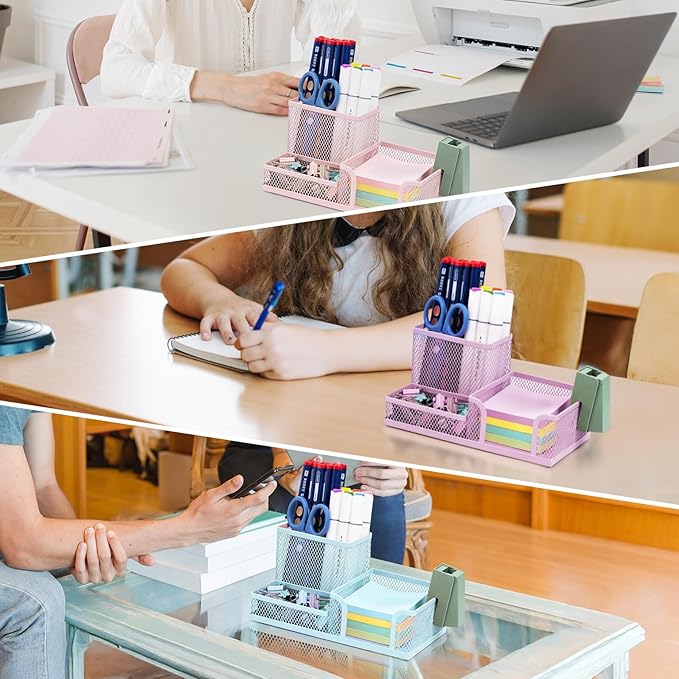 M&G Mesh Pen Holder Desk Organizers Pencil Holder for Desk Pink, 3 Compartments Metal Office Supply Organizer with Sticky Notes Holder for Home Office