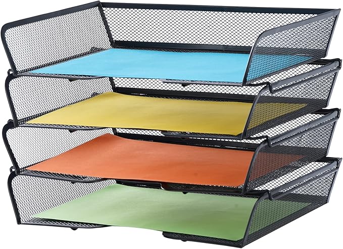 4 Tier Mesh Stackable File Trays Letter Trays,Office Paper Organizer for Desk,File Organizers and Storage,Black