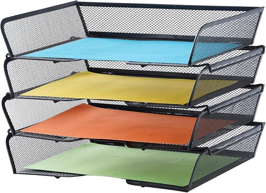 4 Tier Mesh Stackable File Trays Letter Trays,Office Paper Organizer for Desk,File Organizers and Storage,Black