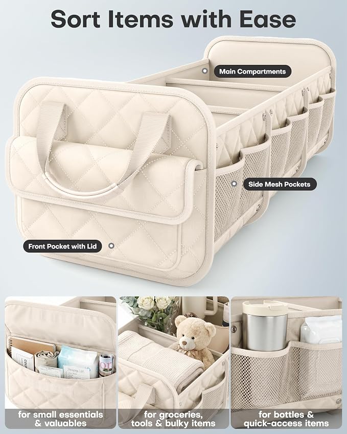 HOTOR Car Trunk Organizer for Women & Men Foldable SUV Storage Accessories | 3 Compartments, Road Trip, Camping, Shopping, for Tools & Outdoor Storage, Fits Truck, Van, Sedan, Beige, 32.3" x 12.8" x 11"
