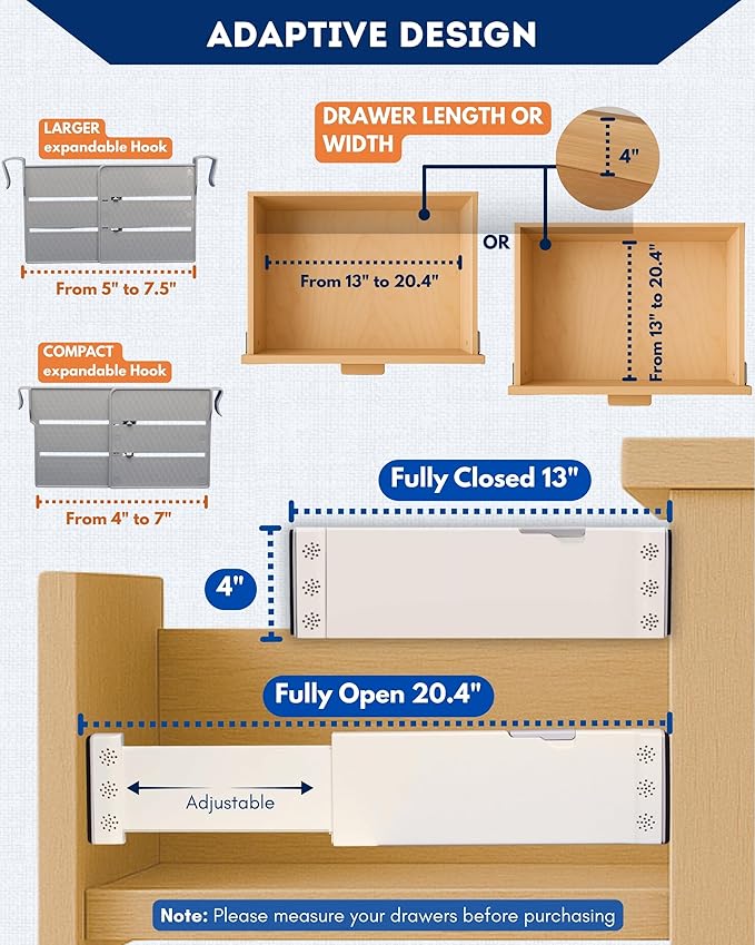 4 Pack Adjustable Drawer Dividers for Clothes with Scent Slots 4" High, 13-20.4" and 4 Adjustable Hooks, Expandable Dresser Drawer Dividers for Kitchen, Closet, Bathroom, Office