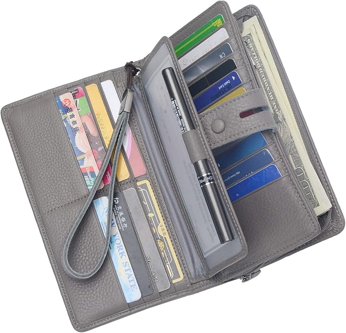 Bveyzi Women's Big Fat Rfid Leather Wristlet Wallet Organizer Large Phone Checkbook Holder with Zipper Pocket (Grey)