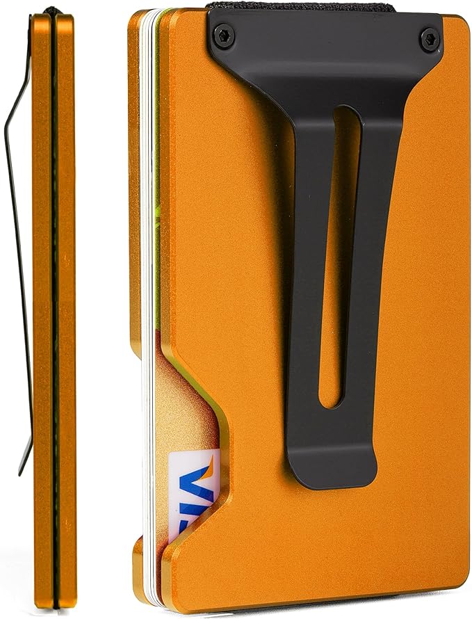 Slim Wallet for Men,RFID Blocking Minimalist Metal Wallet, Money Clip/Cash Holder, Front Pocket Aluminum Credit Card Holder, Ideal Gift for Men-Matte Orange