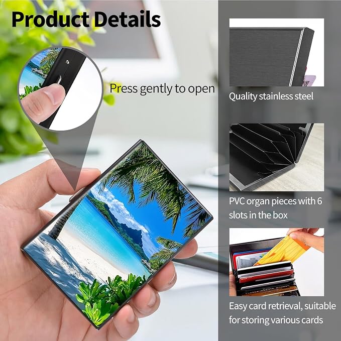 Metal Wallet for Women Men Girls, RFID Blocking Slim Aluminum Credit Card Holder, Mini Travel Wallet with Hard Shell, Lightweight ID & Business Card Case,Shore Palms Tropical Beach
