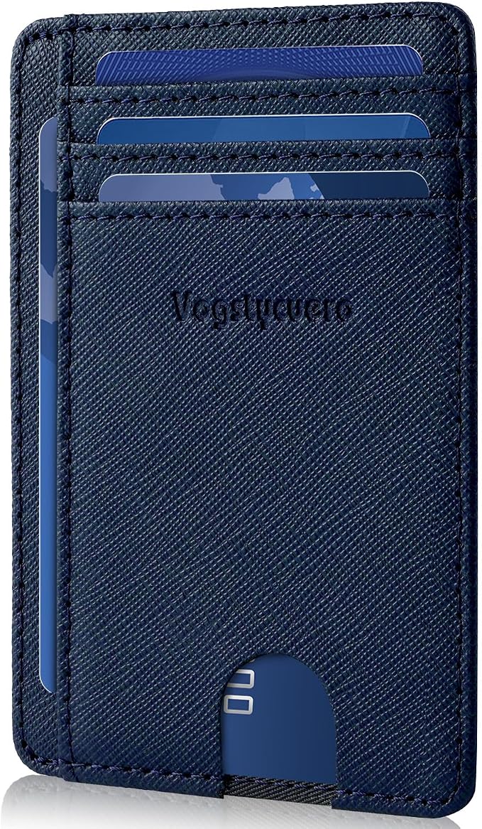 Slim Minimalist Front Pocket Thin Wallet RFID Blocking 100% Genuine Leather Credit Card Holder for men Women, with Gift Box-Cross Blue