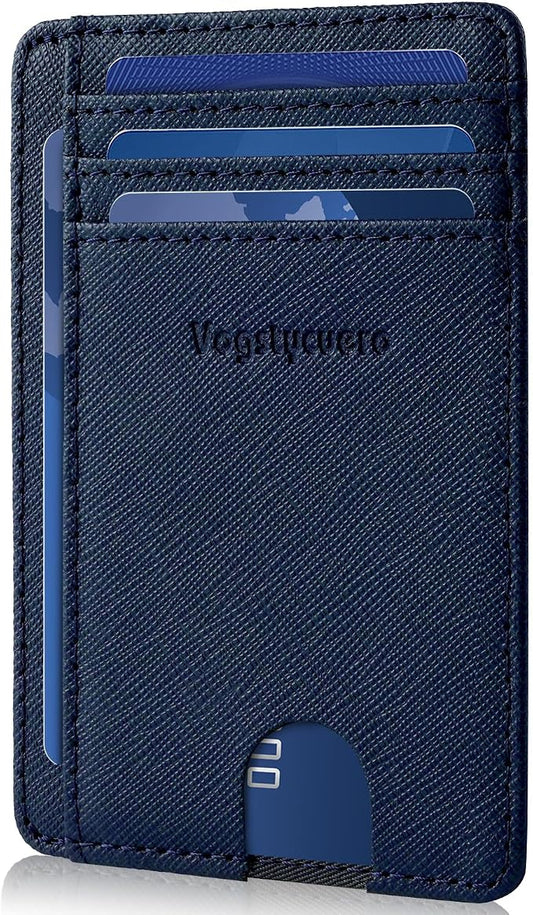 Slim Minimalist Front Pocket Thin Wallet RFID Blocking 100% Genuine Leather Credit Card Holder for men Women, with Gift Box-Cross Blue