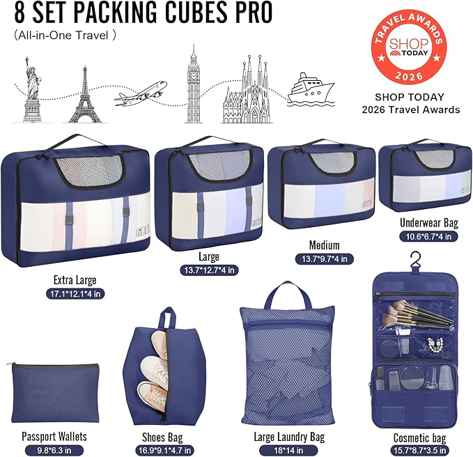 Veken 8 Set Packing Cubes for Travel Essentials, Suitcase Organizer Bags in 4 Sizes, Carry-On Luggage Accessories with Large Laundry & Hanging Toiletry Bag, Must-Have for Airplane, Road Trip & Camping
