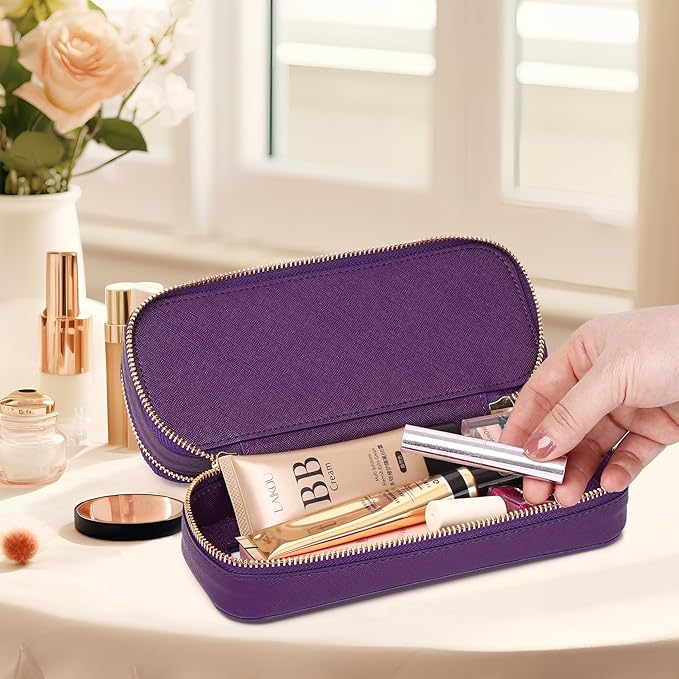 Pinkmik Double Layer Makeup Bag Makeup Brush Case Waterproof Travel Cosmetic & Toiletry Bag Purse Organizer and Car Essentials for Women (Purple, Double SLIM)