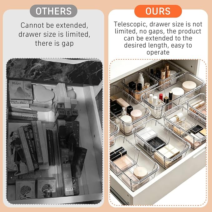 15 PCS Expandable Drawer Organizer Set, Adjustable Acrylic Drawer Dividers, Clear 2-Size Storage Bins for Makeup Organization, Vanity, Desk, Kitchen Drawers