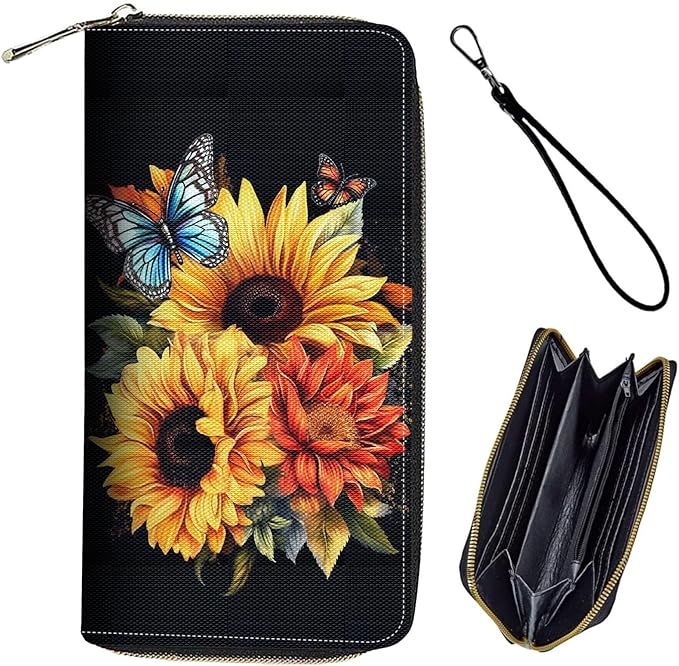 Bxgolkgd Womens Wallet, RFID Blocking Leather Wallet,Large Capacity Wallet Credit Card Holder PU Leather Ladies Clutch with Zipper Coin Pocket - Sunflower Butterfly