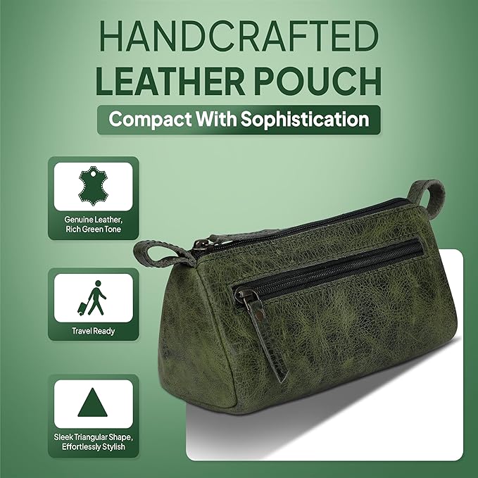 Leather Makeup Bag for Women – Genuine Leather Cosmetic Bag Travel, Handmade Zippered Makeup Pouch, Small Toiletry Bag, Shaving Kit & Stationery Organizer- Forest Green