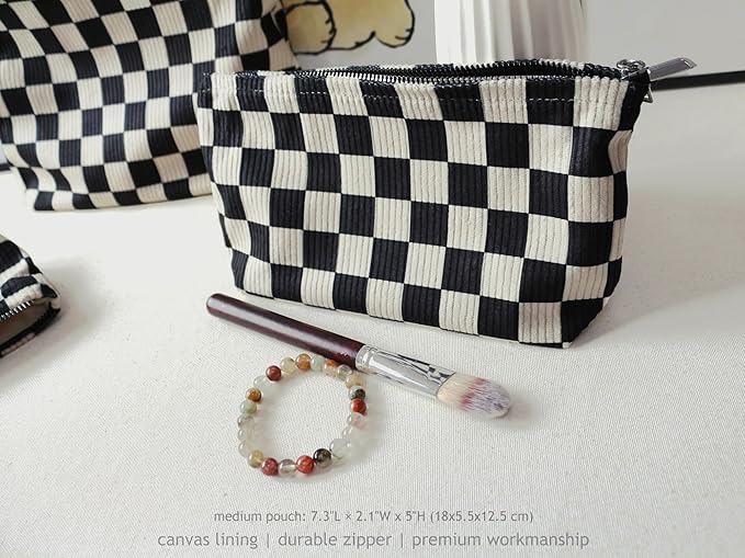 HAPPYHEIDI Checkered Corduroy Makeup Bag Set 3 Women Cosmetic Toiletry Travel Pouch Purse Accessory Organizer, 3-Size, Vintage Black White