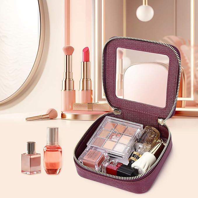 Pinkmik Small Makeup Bag Clear Mini Cosmetic Makeup Case & Toiletry Bag with Zipper Women's Purse Organizer & Car Essentials (X/Burgundy, MINI)