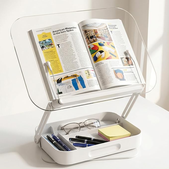 Book Stand for Reading, Acrylic Adjustable Book Holder with Book Page Holder, 360°Cookbook Stand with Storage for Kitchen Counter, Hands Free Recipe Book Holder for Textbook Cookbook, Clear