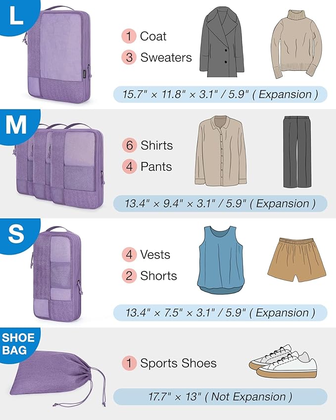 BAGSMART Compression Packing Cubes, Durable Travel Packing Cubes for Carry-On Suitcase, Lightweight Compressible Luggage Organizer Cruise Ship Travel Essentials, 6-Pack 1L+3M+1S+Shoe Bag, Light Beige