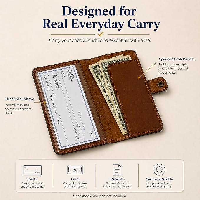 Genuine Tan Leather Checkbook Cover - Handmade Check Holder with Divider & ID Window, Slim Organizer Wallet for Business, Travel & Everyday Use, 3.5 x 7 inch