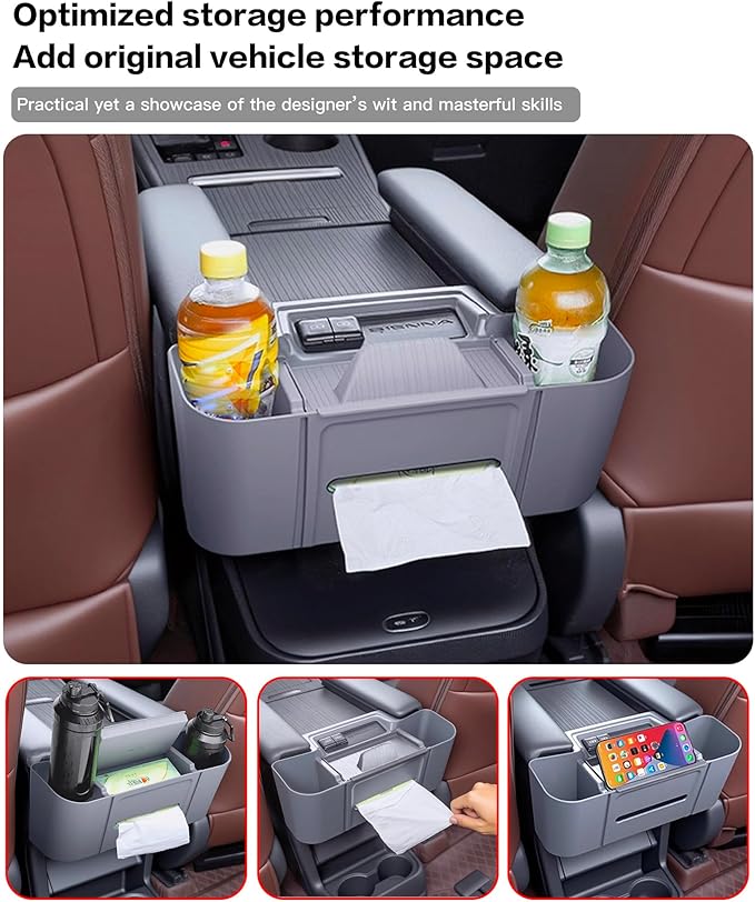 3-in-1 Rear Center Console Hanging Organizer for Toyota Sienna 2021-2025 2026, Backseat Organizer with Cup Holder, Tissue Holder & Phone Stand, Waterproof Easy Clean Sienna Accessories