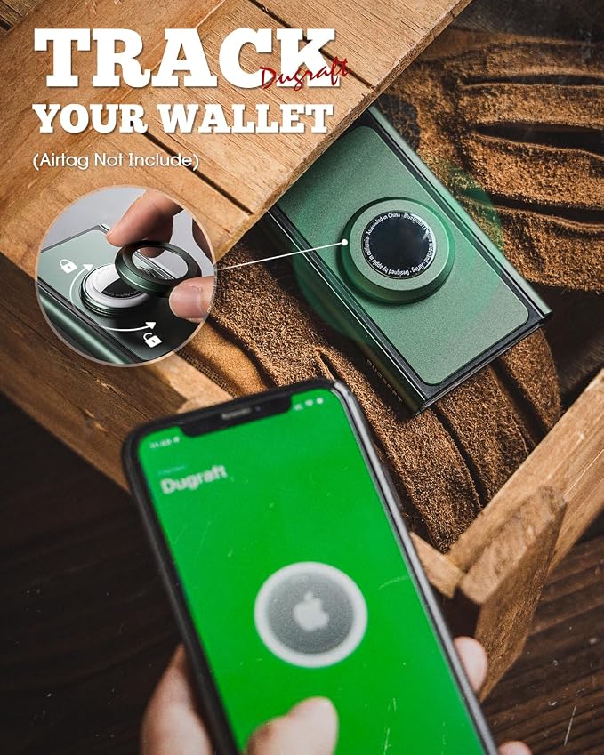 DUGRAFT Credit Card Holder Airtag Pop Up Wallet RFID Blocking Slim Metal Bank Card Case Holds 5-8 Cards, Midnight Green, Minimalist