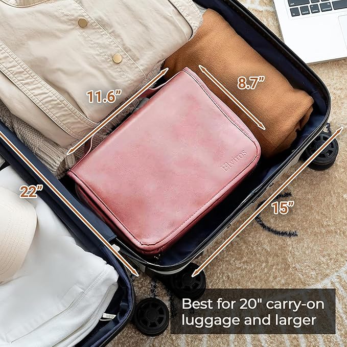 Elviros Hanging Travel Toiletry Bag for Women, 3-in-1 Large Makeup Bag and Cosmetic Organizer, Vegan Leather Waterproof Skincare Case for Travel Size Toiletries and Accessories, Gift for Women