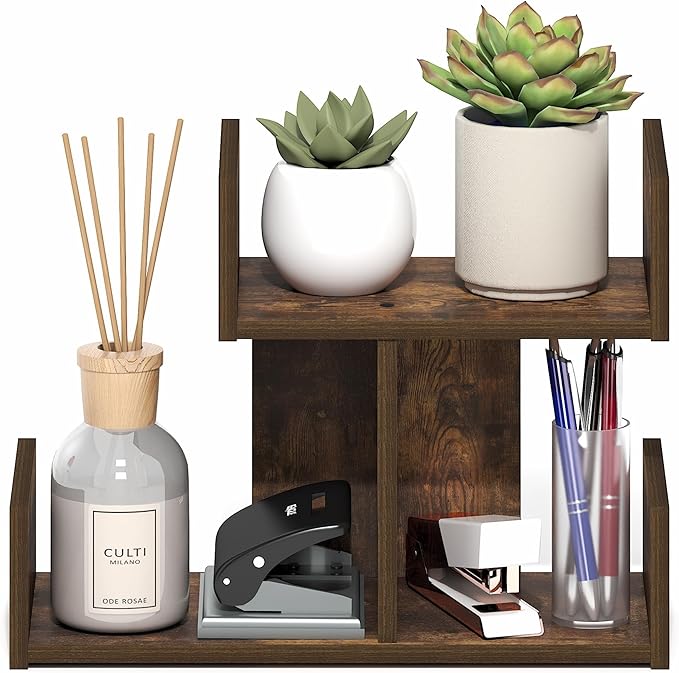 Furinno HERMITE Desk Organizers and Accessories, 2-Tier U-Shape Office Organization Shelf, Desk Top Book Shelf, for Office Supplies, Office Desktop Accessories, Amber Pine