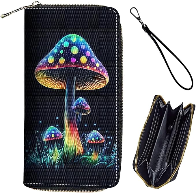 Bxgolkgd Womens Wallet, RFID Blocking Leather Wallet,Large Capacity Wallet Credit Card Holder PU Leather Ladies Clutch with Zipper Coin Pocket - Cute Mushroom Pattern