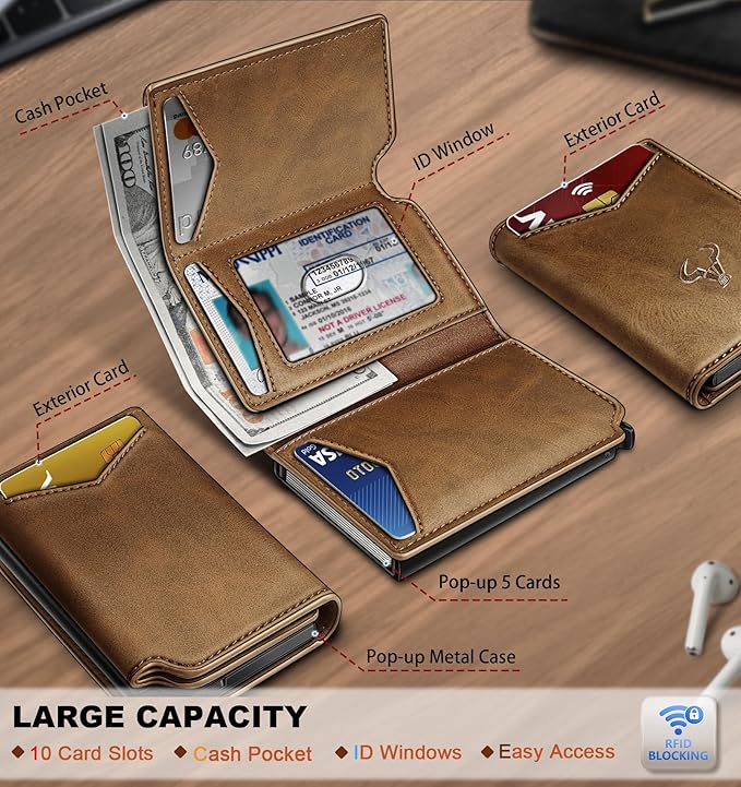 BULLIANT Men Wallet Leather Wallet Card Holders Money Clip for Men 10Cards-Magnetic Flip on Metal Case