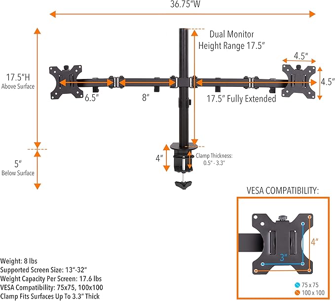 Stand Steady 2 Monitor Mount Desk Stand | Height Adjustable Double Monitor Stand with Desk Clamp| Full Articulation VESA Mount Fits Most LCD/LED Monitors 13-32 Inches (2 Arm Clamp)